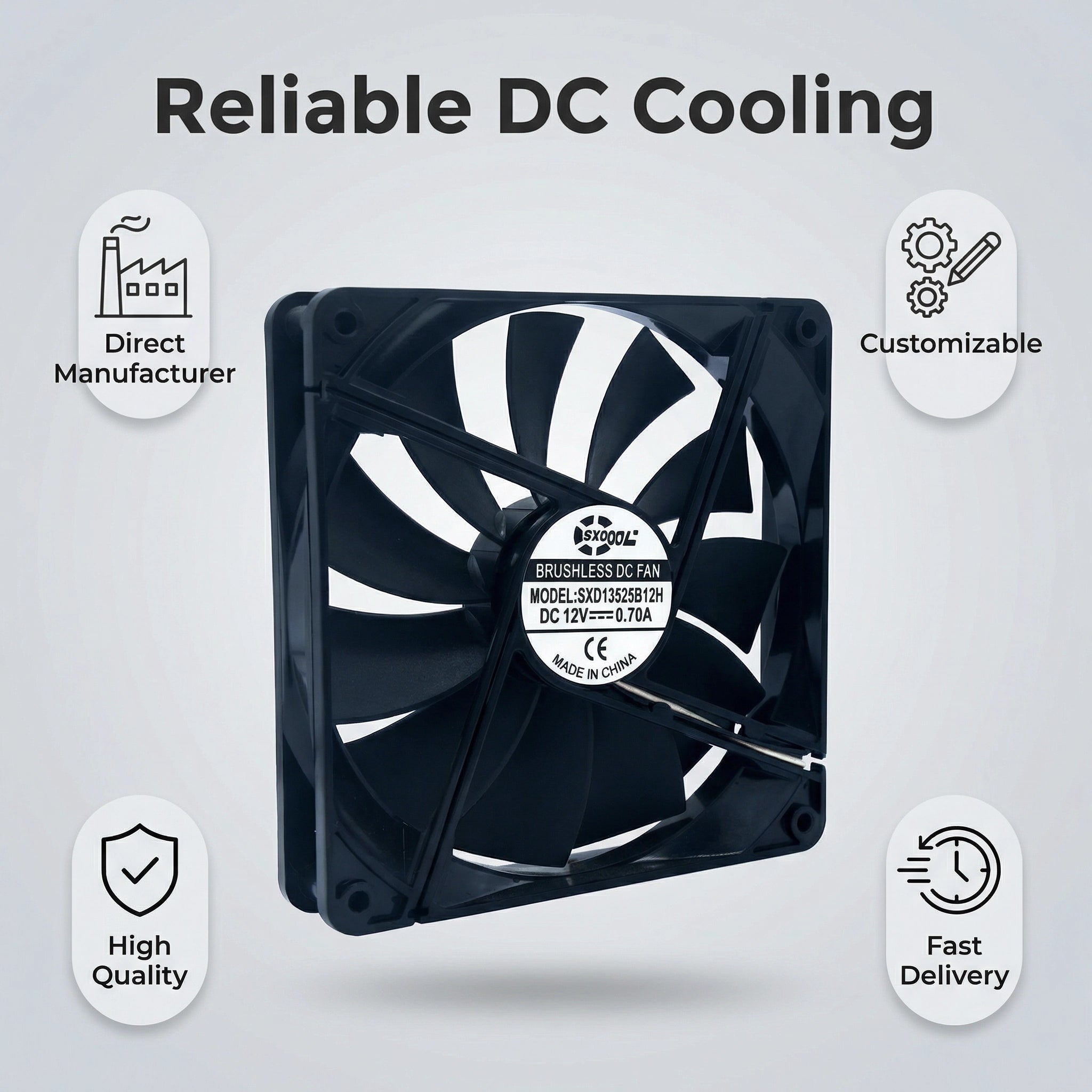 SXDOOL 135×135×25mm DC 12V High Airflow Cooling Fan — 2700RPM, 124.85CFM, Dual Ball Bearing, 2-Pin