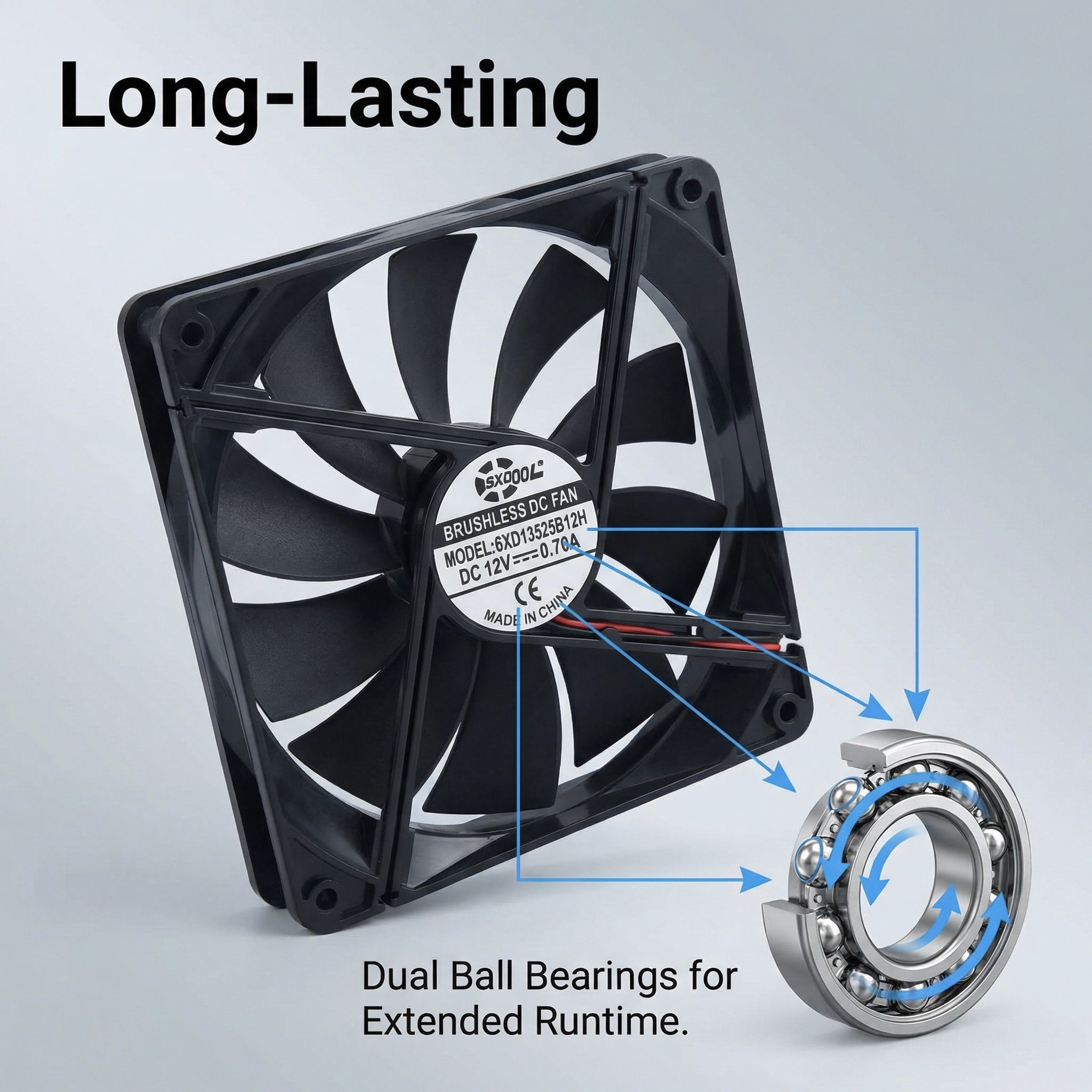 SXDOOL 135×135×25mm DC 12V High Airflow Cooling Fan — 2700RPM, 124.85CFM, Dual Ball Bearing, 2-Pin