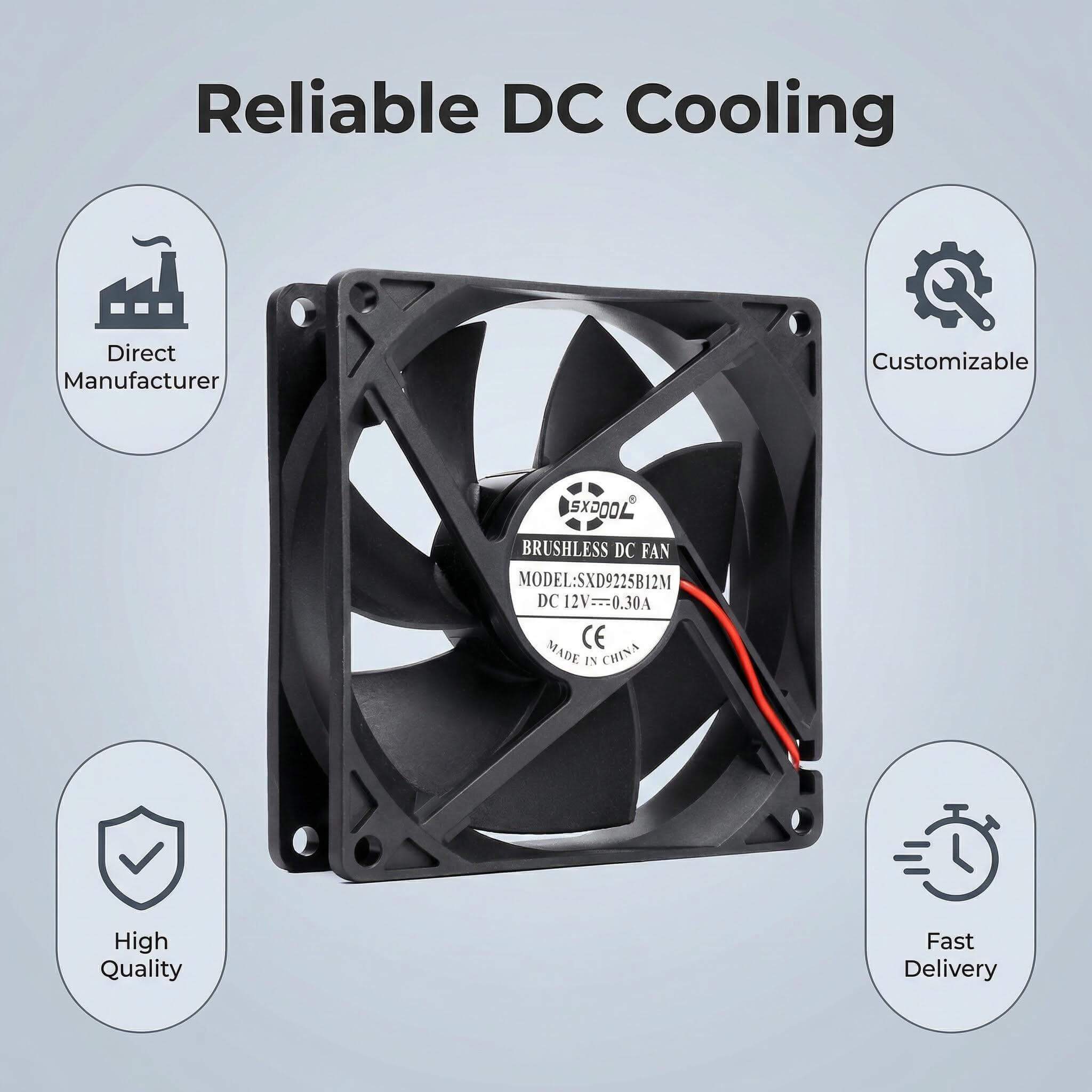 SXDOOL 92mm DC Fan, 92x92x25mm 0.30A 3000RPM 59.6CFM, High Static Pressure Dual Ball Bearing Cooling Fan for Workstation & Industrial Equipment