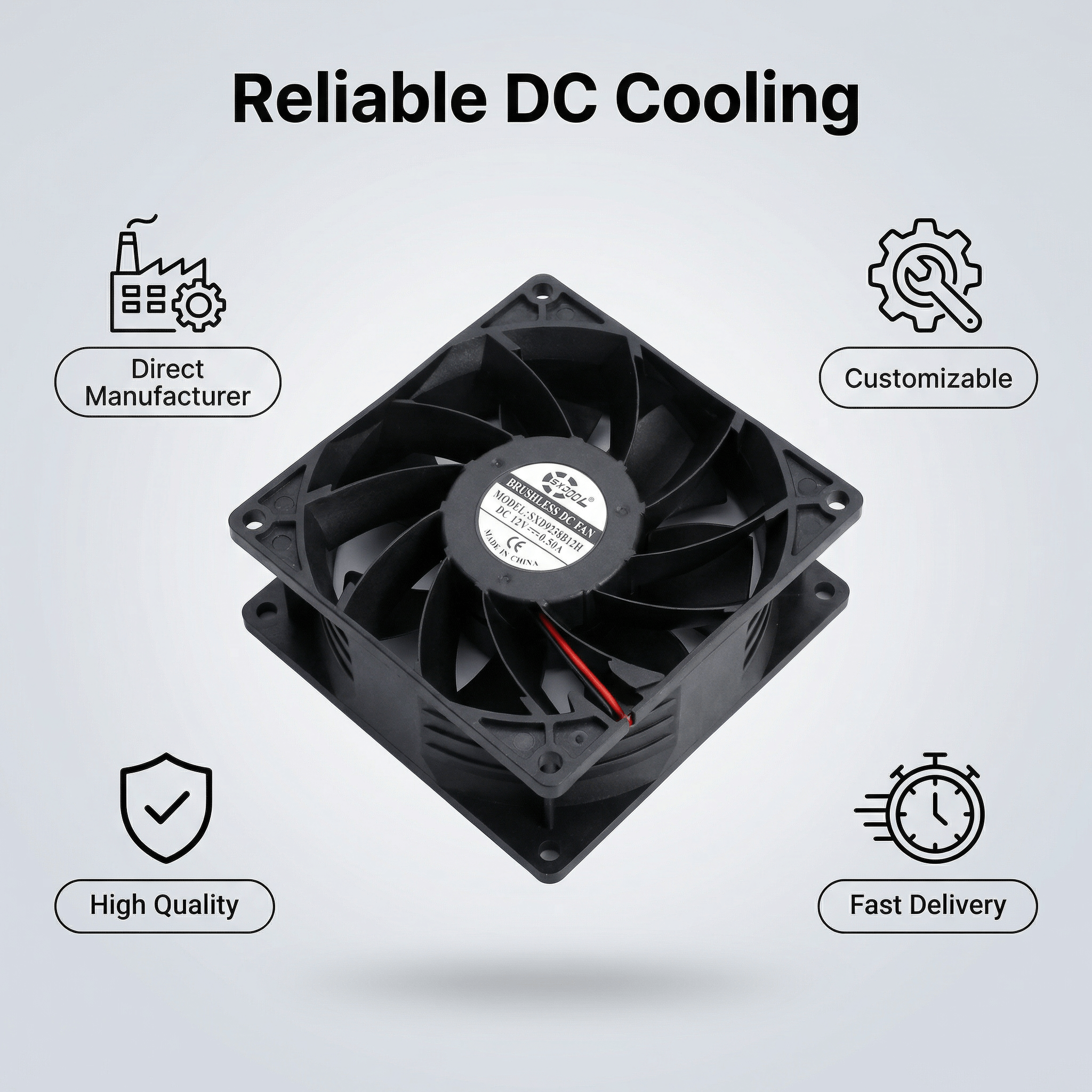 SXDOOL 92×92×38mm DC 12V High-Speed Cooling Fan — 4600 RPM | 103 CFM | Dual Ball Bearing (OEM)