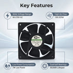 Ventilador de refrigeración EC de 120 mm - Rodamiento de bolas doble de 120 x 120 x 25 mm, CA 90-270 V, 2800 RPM, 100,2 CFM para refrigeración de gabinetes de servidores, chasis y cajas industriales | Source Factory - EC Axial Fan by SXDOOL