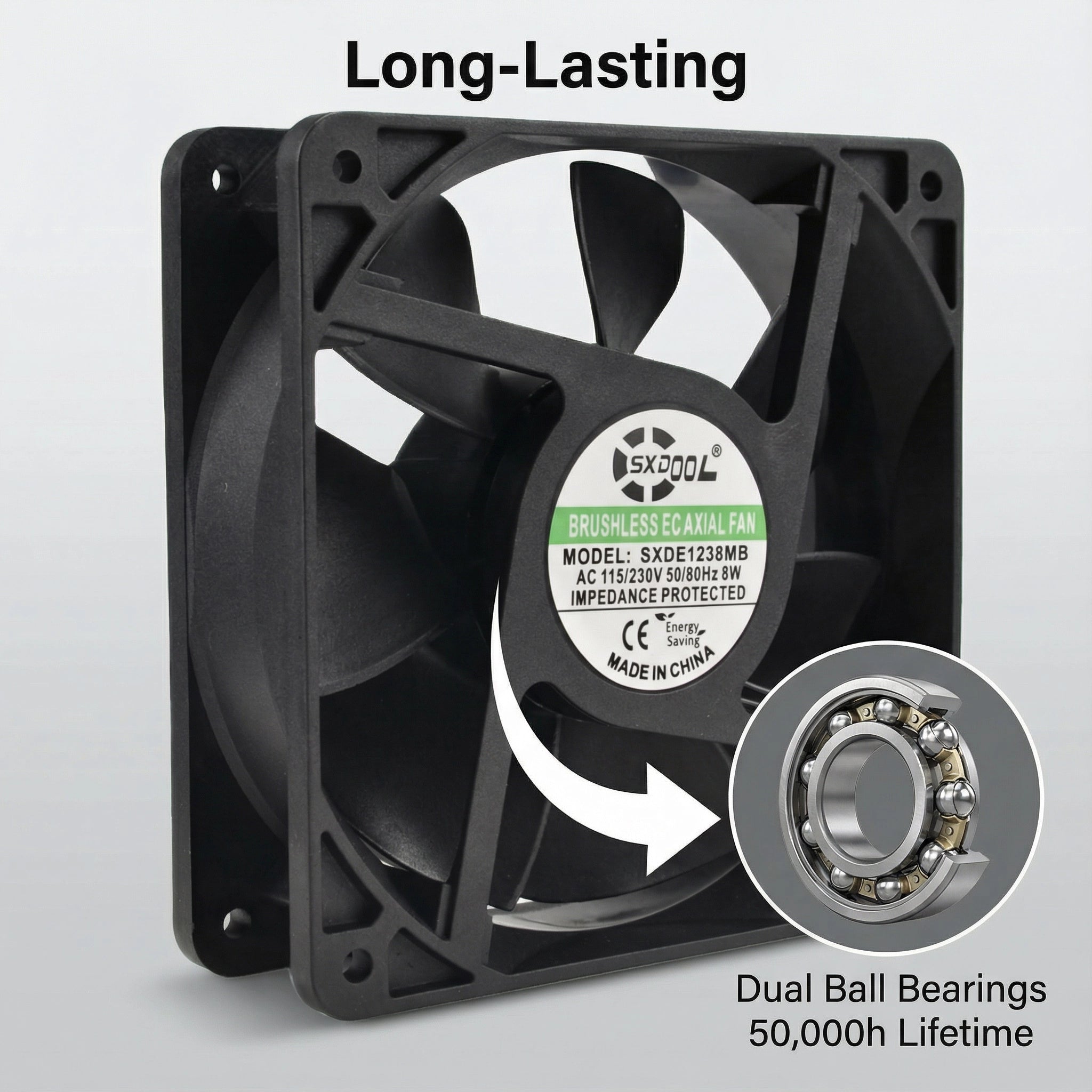 SXDOOL 120mm EC Cooling Fan - 120x120x38mm Dual Ball Bearing, AC 90-270V, 3000 RPM, 126 CFM High Airflow for Server Cabinet, Industrial Chassis & Powerful Ventilation | Source Factory