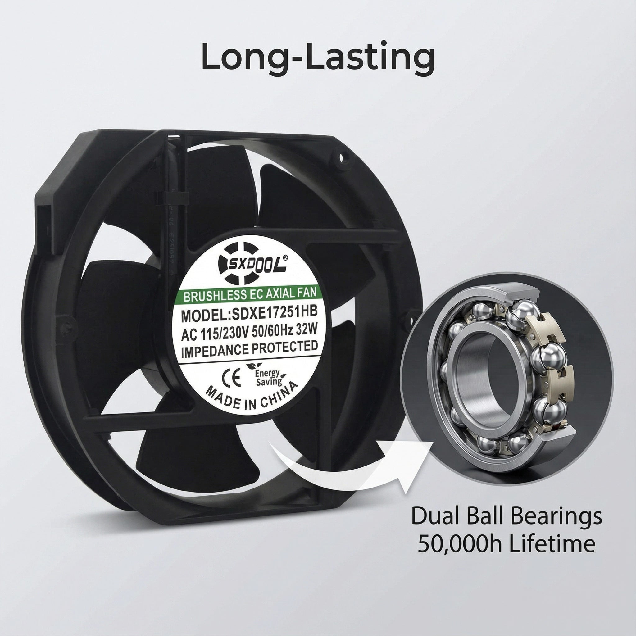 SXD17251HB 172mm EC Cooling Fan - 172x150x51mm Dual Ball Bearing, AC 115V/230V, 3500 RPM, 250+ CFM for Server Cabinet, Industrial Chassis & Power Equipment | Source Factory