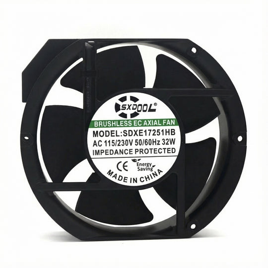 Ventilador EC SXD17251HB de 172 mm - Rodamiento de bolas doble de 172 x 150 x 51 mm, CA 115 V/230 V, 3500 RPM, más de 250 CFM para gabinetes de servidores, chasis industriales y equipos eléctricos | Source Factory