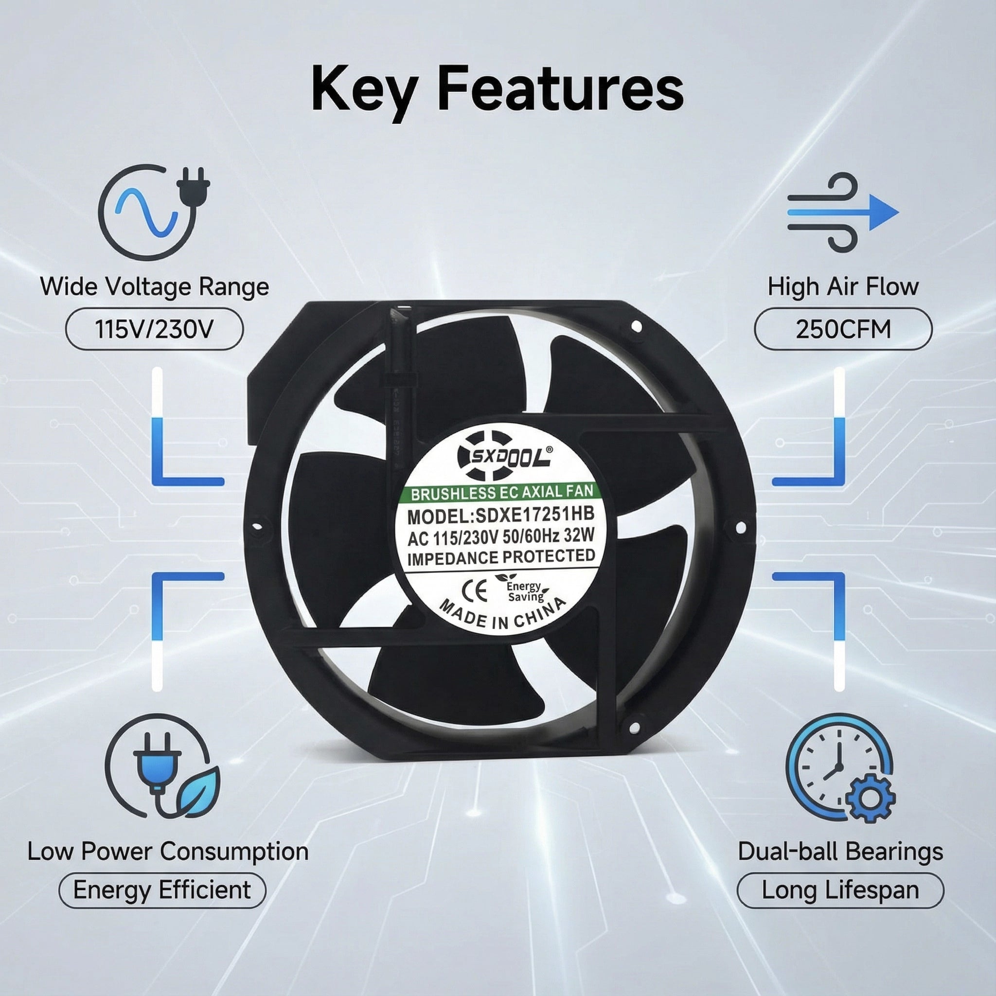 SXD17251HB 172mm EC Cooling Fan - 172x150x51mm Dual Ball Bearing, AC 115V/230V, 3500 RPM, 250+ CFM for Server Cabinet, Industrial Chassis & Power Equipment | Source Factory