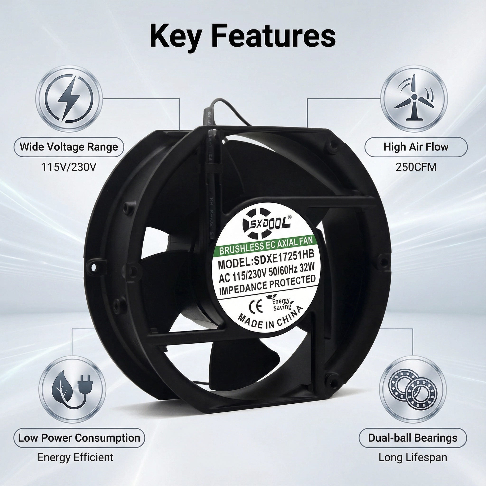 SXD17251HB 172mm EC Cooling Fan - 172x150x51mm Dual Ball Bearing, AC 115V/230V, 3500 RPM, 250+ CFM for Server Cabinet, Industrial Chassis & Power Equipment | Source Factory
