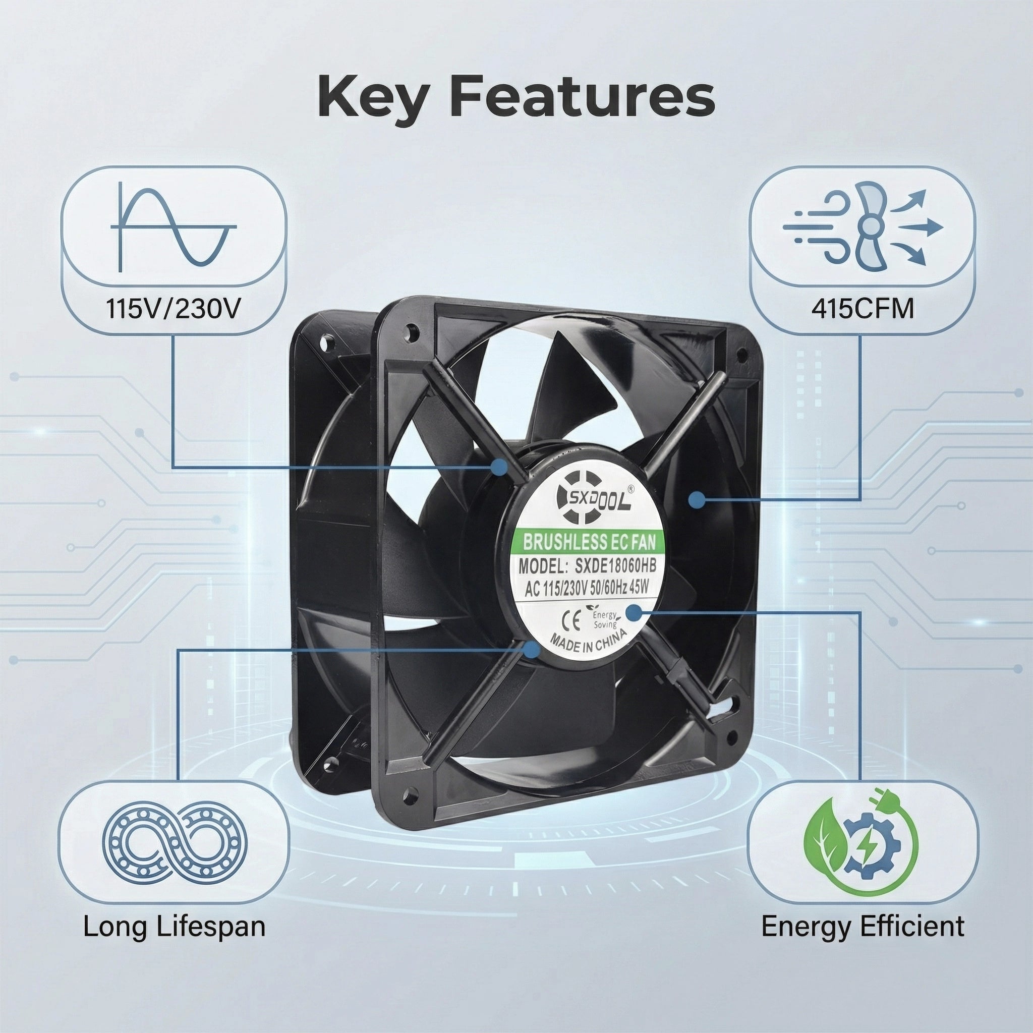 SXDOOL 180mm EC Cooling Fan - 180x180x60mm Dual Ball Bearing, AC 115V/230V, 3200 RPM, 415 CFM for Server Racks, Industrial Cabinets & Power Equipment | Source Factory