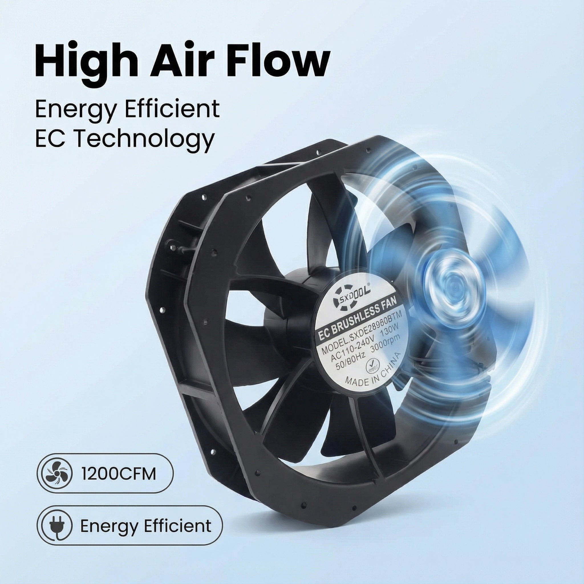 SXDE28080BTM 280mm EC Cooling Fan - 280x280x80mm, 1200 CFM, 90-240V AC, PWM Control for Industrial Server Cabinets, Charging Stations & Photovoltaic Systems | Source Factory