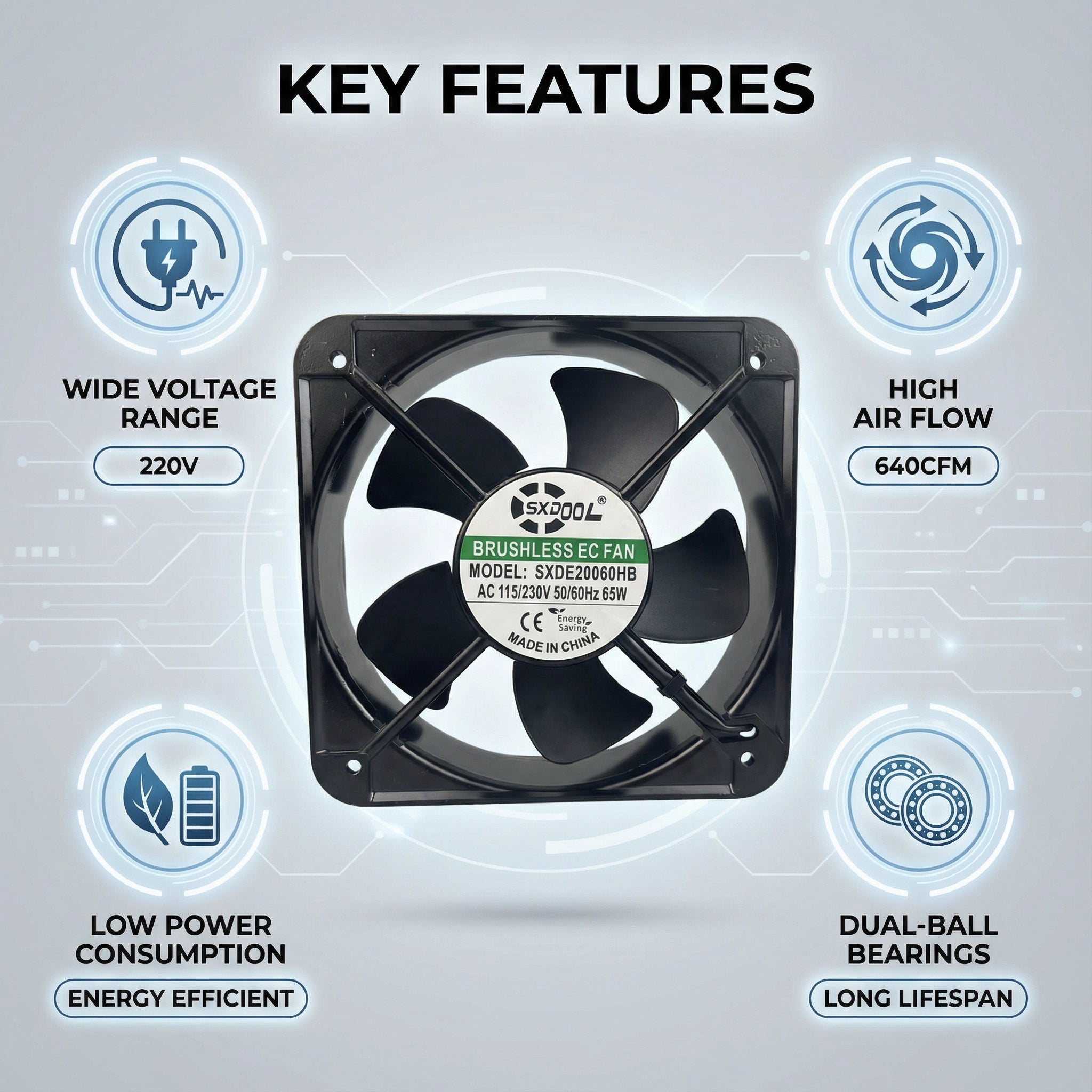 SXDOOL 200mm EC Cooling Fan - 200x200x60mm Dual Ball Bearing, AC 220V, 3200 RPM, 640 CFM High Airflow for Industrial Cabinet, Server Rack & Power Equipment Cooling | Energy-Efficient Source Factory