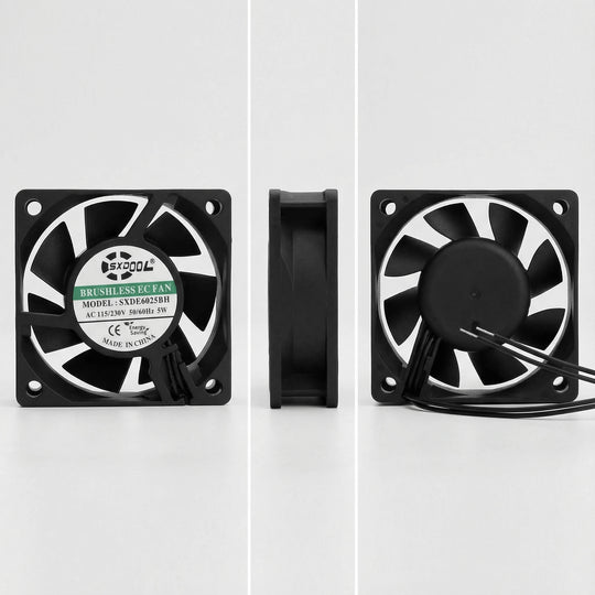 Ventilador axial sin escobillas SXDE6025BH EC de 60 x 25 mm, 115 V, 230 V, 5 W, 4300 RPM, 25 CFM para refrigeración de chasis, gabinetes y proyectores.