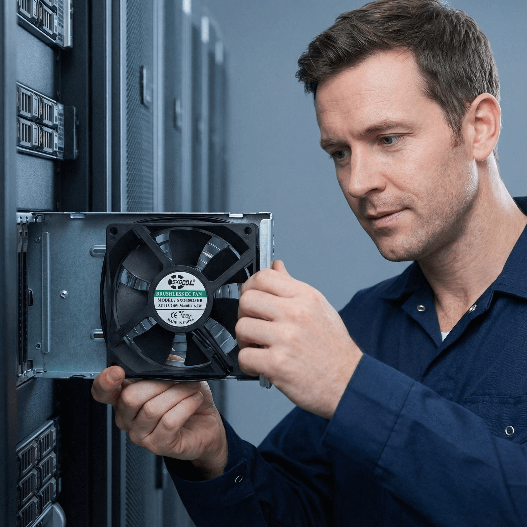 SXDE8025BH 80mm EC Cooling Fan - AC 110-240V Wide Voltage, 3400RPM, 45CFM, Dual Ball Bearing, for Server Cabinet, Chassis, Projector