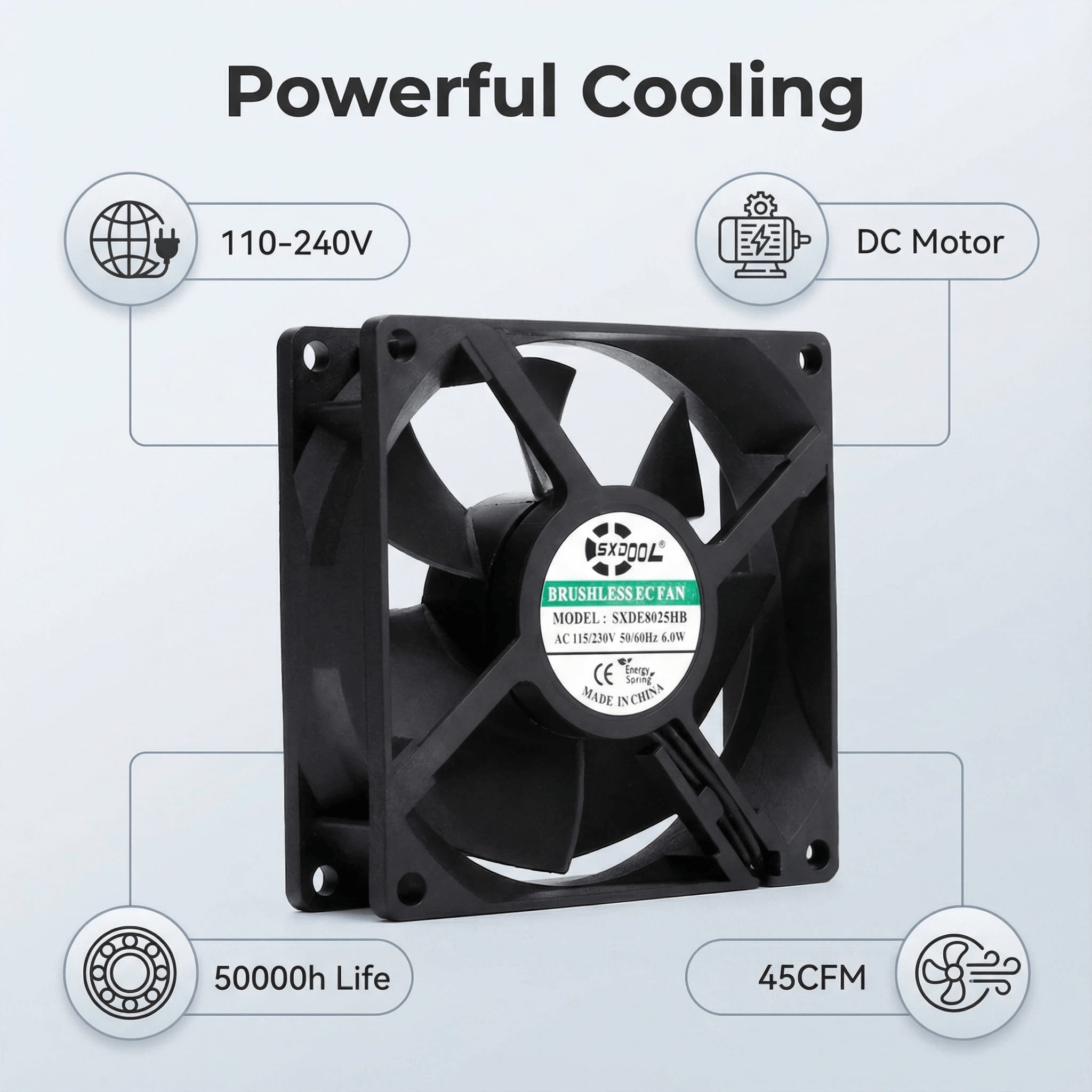 SXDE8025BH 80mm EC Cooling Fan - AC 110-240V Wide Voltage, 3400RPM, 45CFM, Dual Ball Bearing, for Server Cabinet, Chassis, Projector