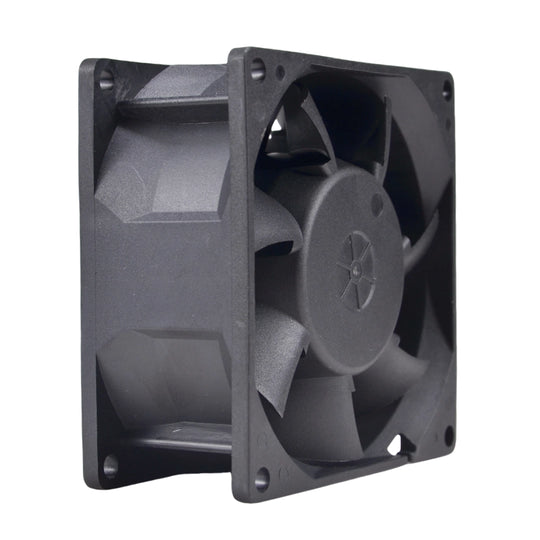Ventilador axial EC SXDE8038BH de 80 x 80 x 38 mm - CA 90-270 V, amplio voltaje, 3800 RPM, 52 CFM, 5 W de bajo consumo para gabinetes de servidores, chasis industriales y equipos de comunicación.