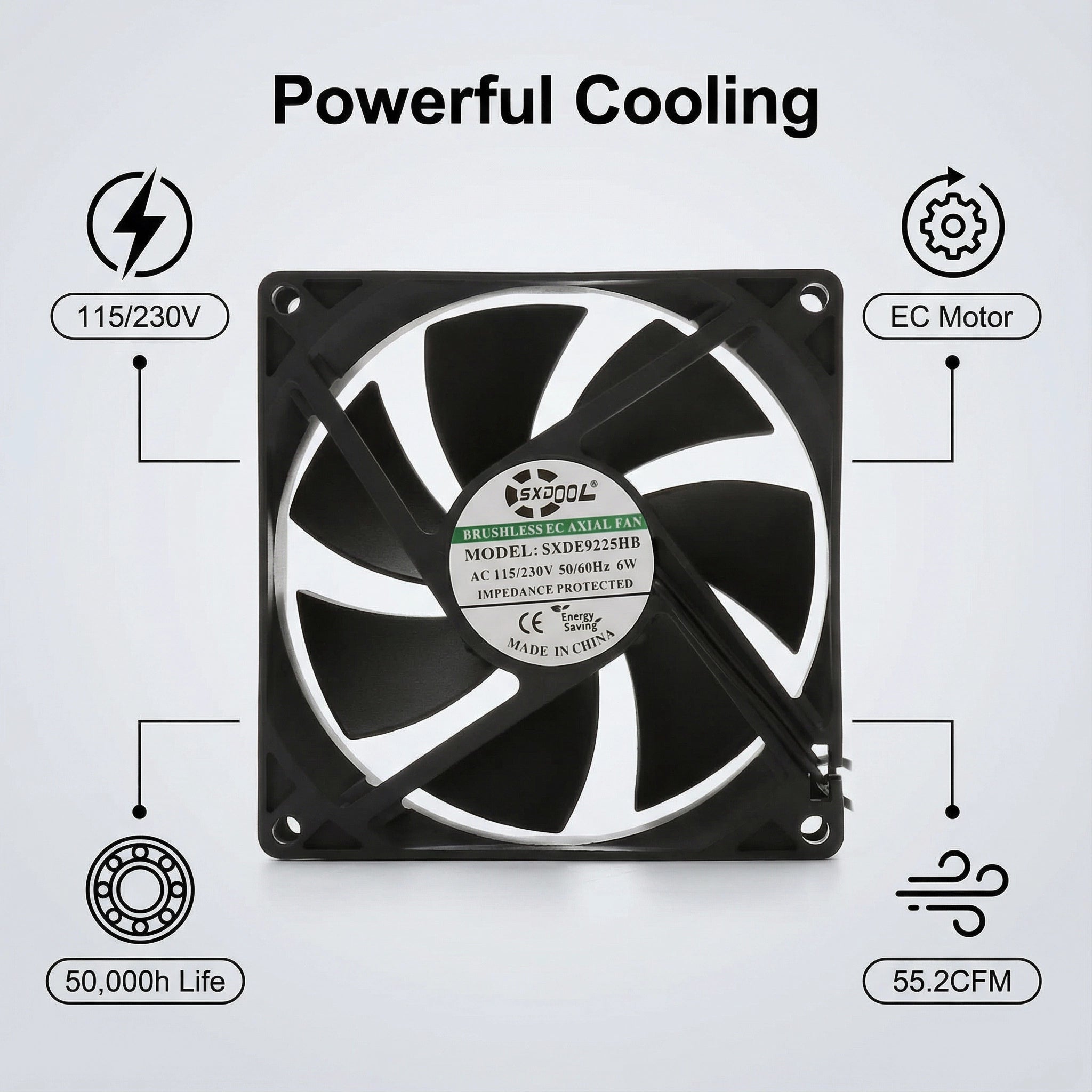92mm EC Motor Cooling Fan - 92x92x25mm Dual Ball Bearing, AC 115V/230V, 2850 RPM, 55.2 CFM for Server Cabinet & Industrial Cooling | Source Factory