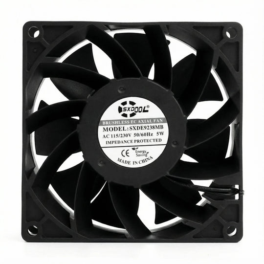 Ventilador de refrigeración con motor EC de 92 mm - Rodamiento de bolas doble de 92 x 92 x 38 mm, CA 115 V/230 V, 3200 RPM, 68,5 CFM para refrigeración de gabinetes de servidores y chasis industriales | Source Factory
