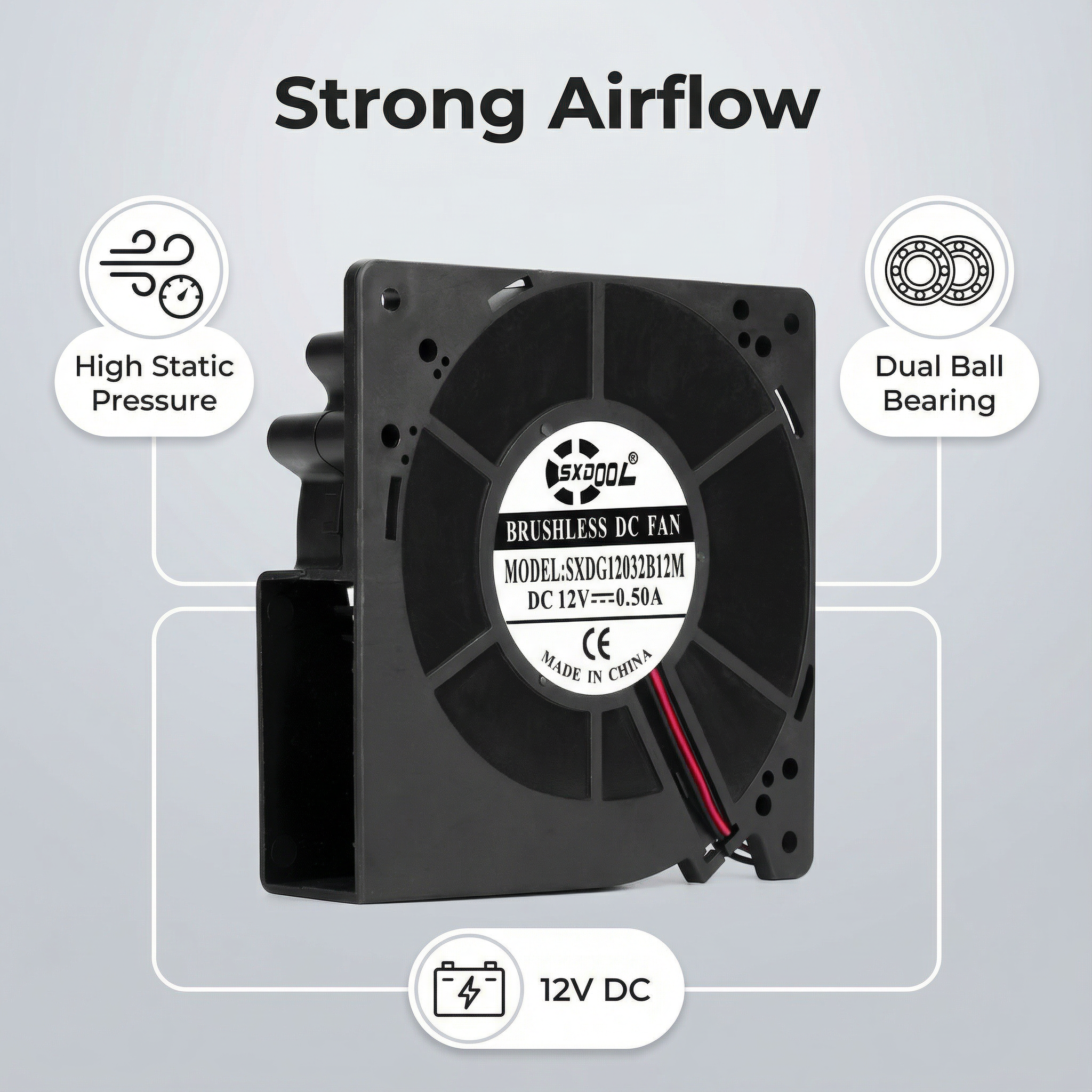 12-V-Radialventilator 120 mm x 32 mm, Baugröße 1232, hoher Luftdurchsatz (CFM), doppelt kugelgelagert, Abmessungen: 4,72 x 4,72 x 1,26 Zoll