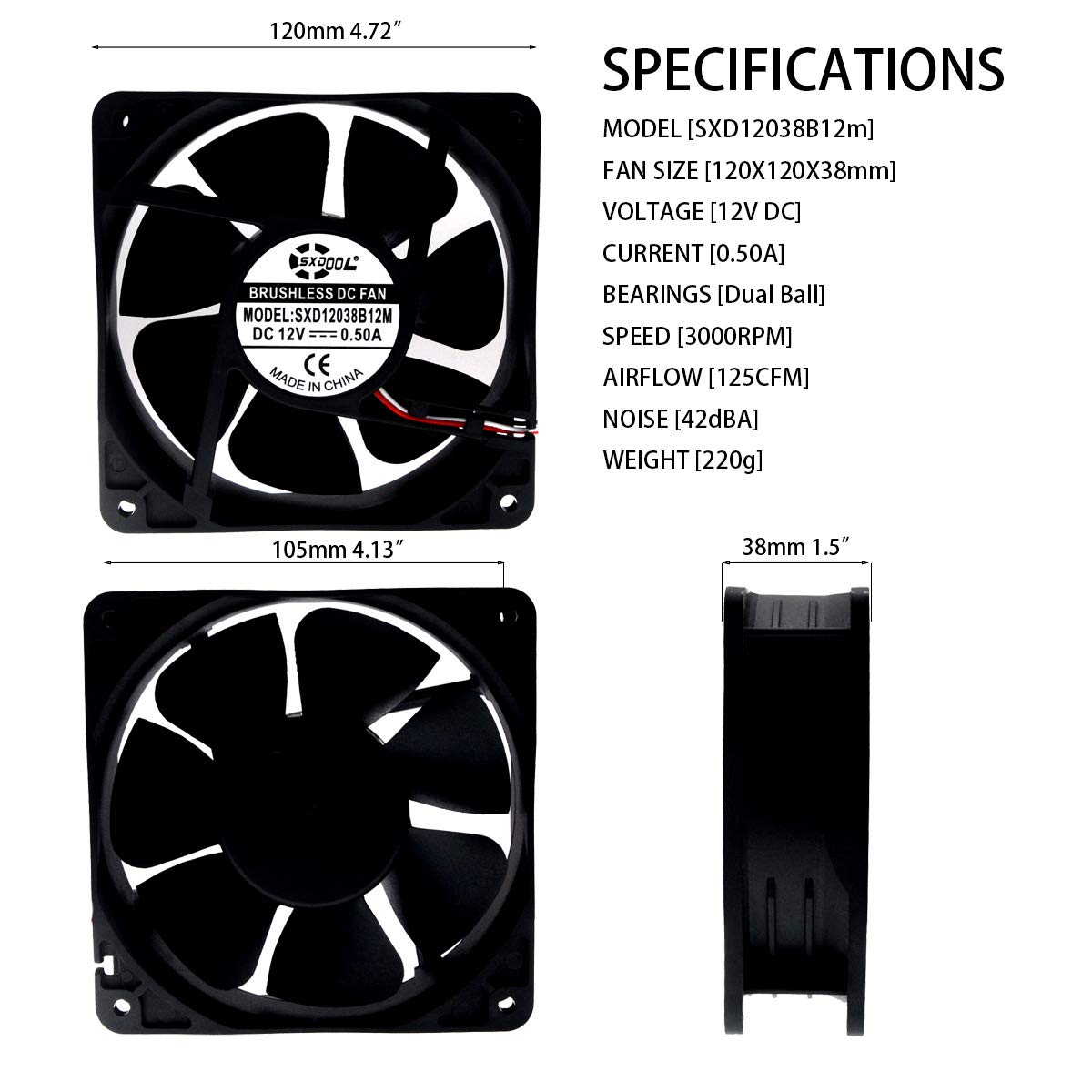 SXDOOL 120×120×38mm DC 12V High Airflow Cooling Fan — 3000RPM, 118CFM, Dual Ball Bearing, 3-Pin