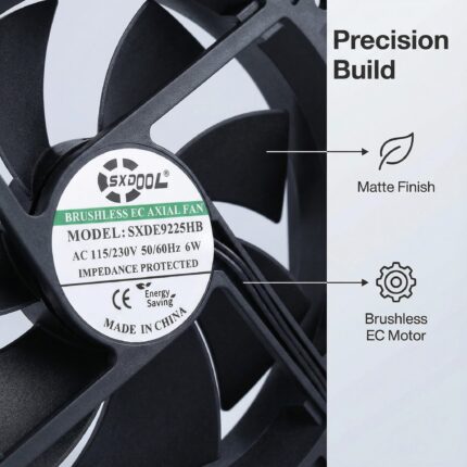 SXDE9225HB 92x92x25mm EC axial fan impeller, frame and AC 115/230V 50/60Hz 6W label detail