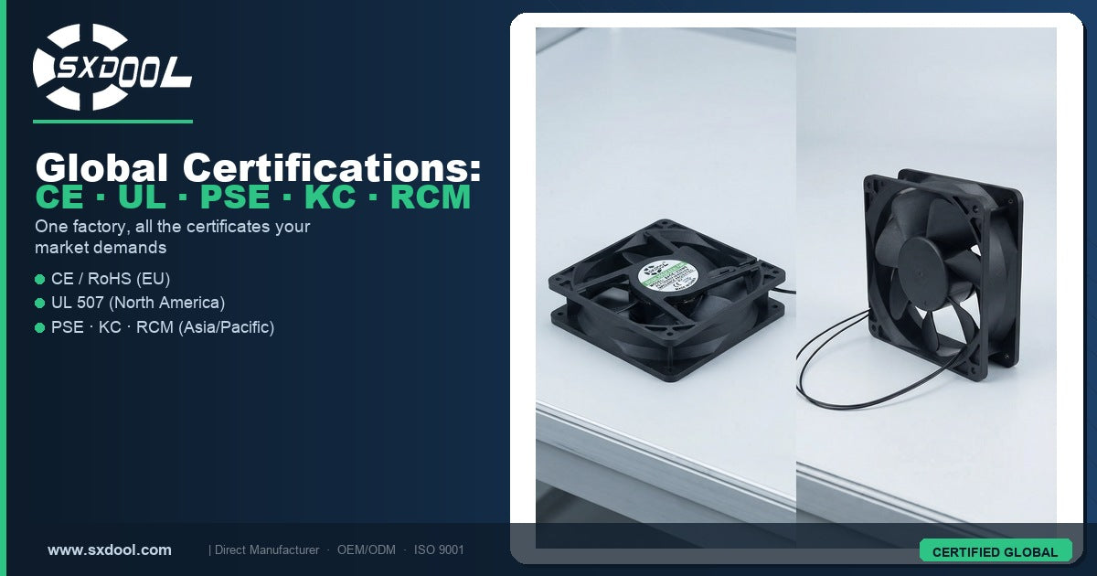 SXDOOL Global Certifications: CE · UL · PSE · KC · RCM — Industrial Cooling Fan Manufacturer