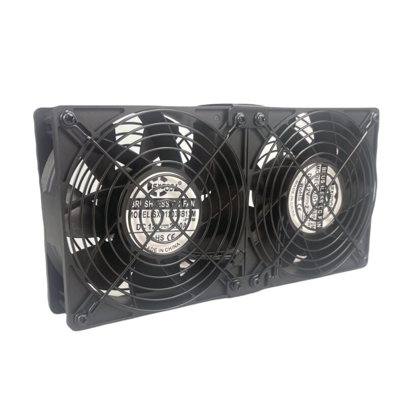 Dual 120x120x38mm industrial cooling fan assembly with wiring.