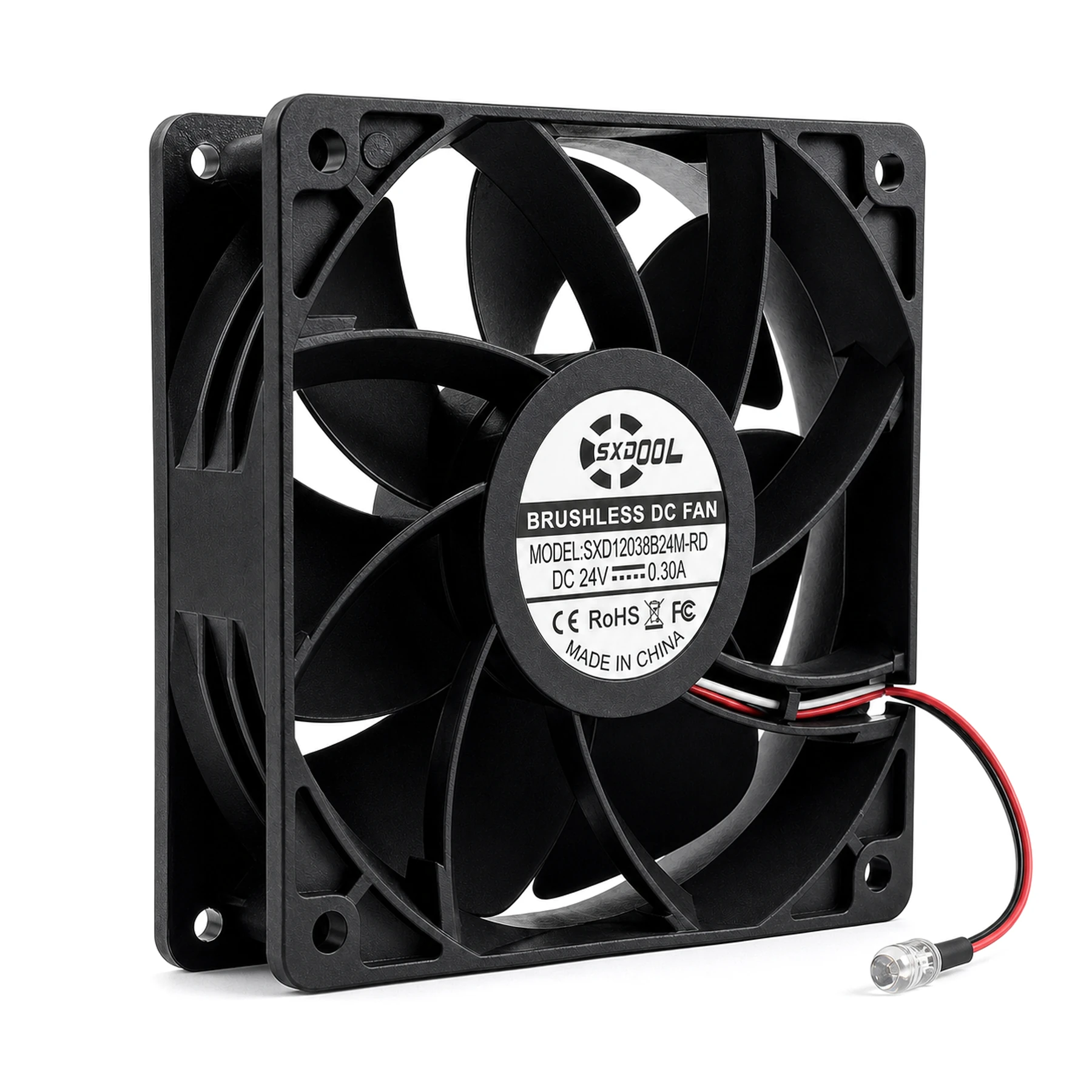 Three-quarter front view of SXDOOL 12038 24V RD stop-detection axial fan