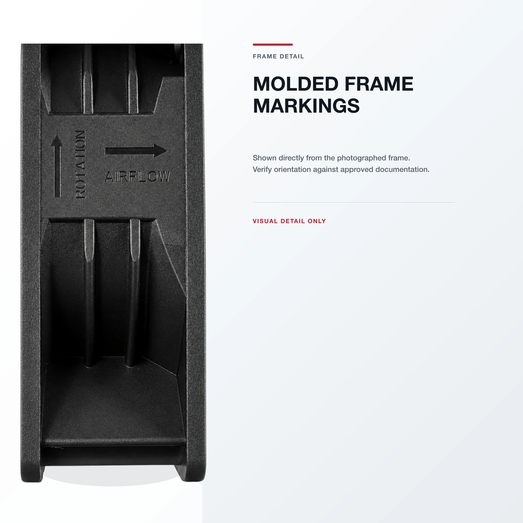 Molded rotation and airflow direction markings on the SXDOOL 12038 fan frame