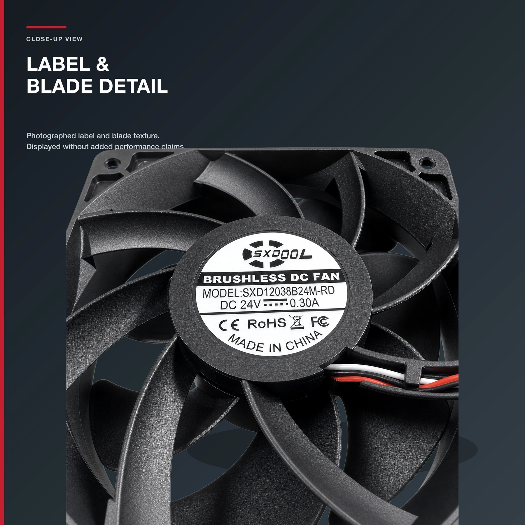 Product label and three visible leads on the SXDOOL 24V RD alarm fan