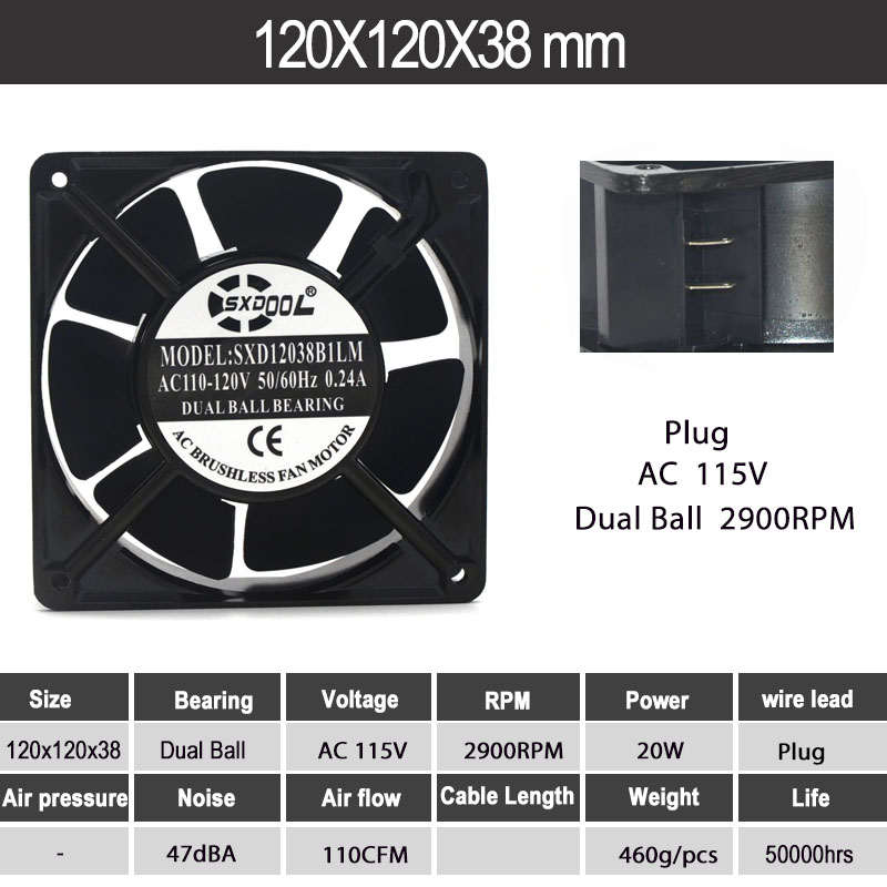SXD12038B1LM_7.jpg SXDOOL 120x120x38mm AC Axial Cooling Fan | SXD12038B1LM AC 110-120V Dual Ball Bearing - Image 1