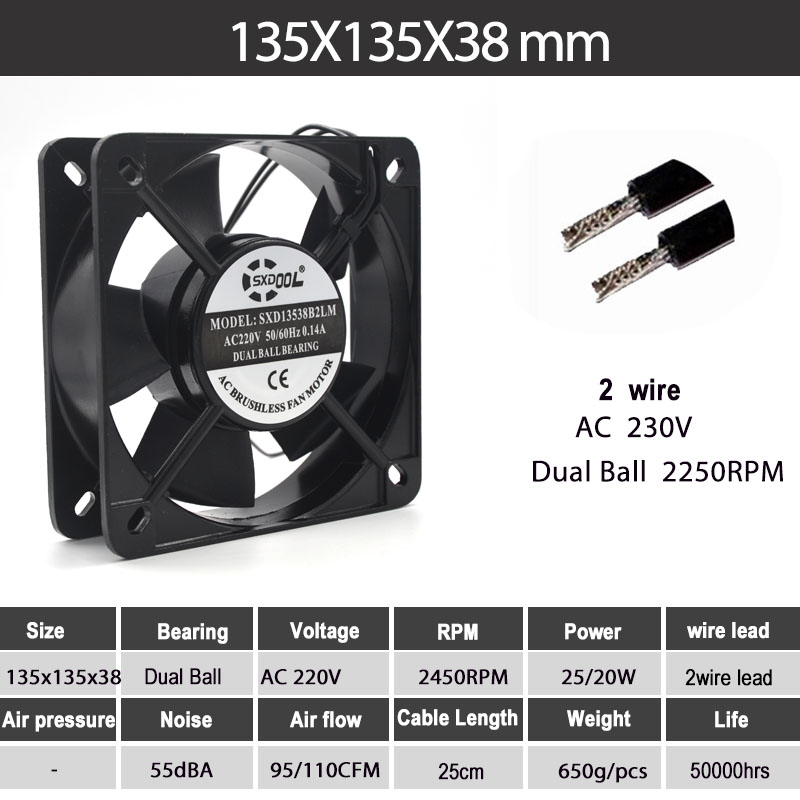 SXD13538B2LM_1.jpg SXDOOL 135x135x38mm AC Axial Cooling Fan | SXD13538B2LM AC 220-240V Dual Ball Bearing - Image 1