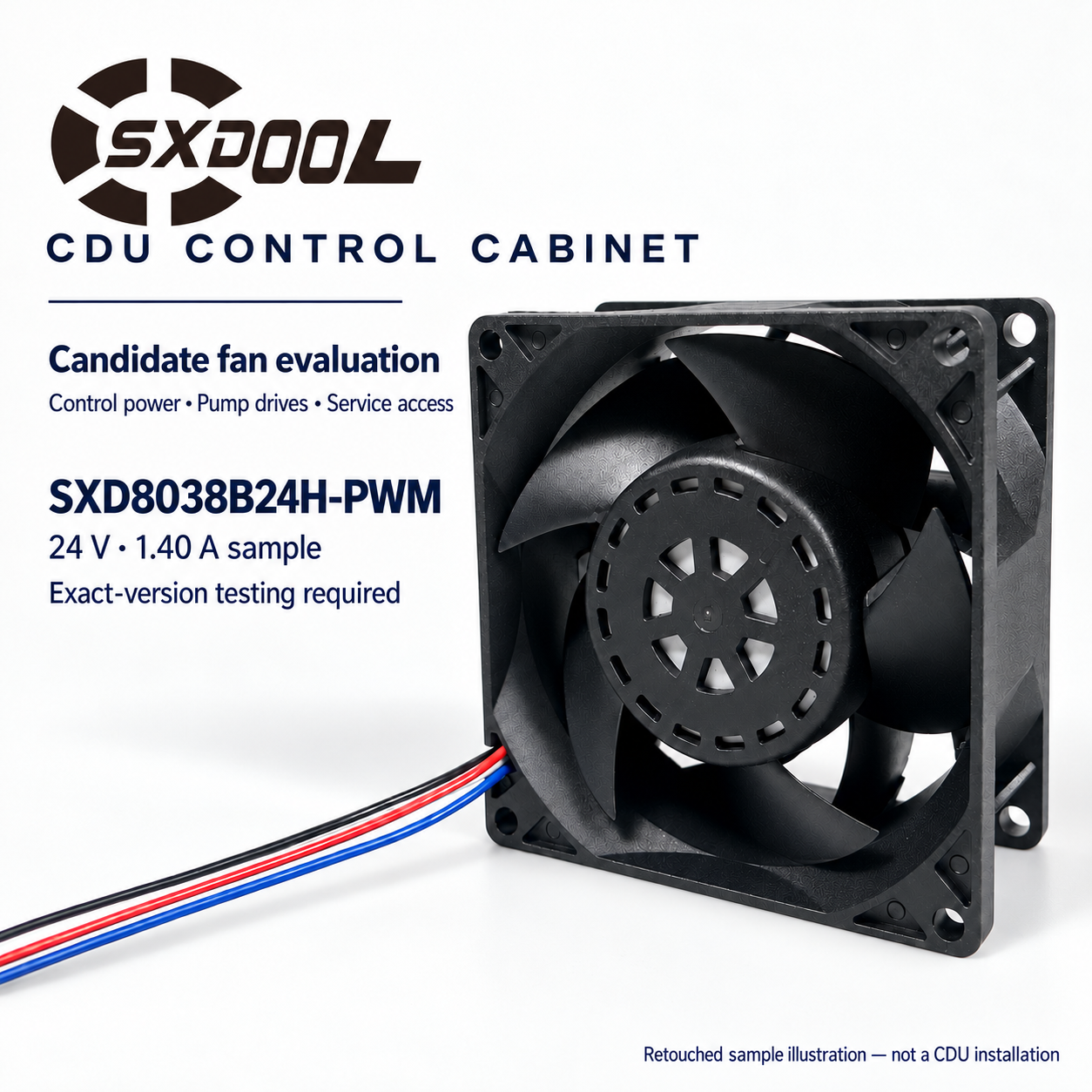 Retouched SXDOOL SXD8038B24H-PWM 24 V 1.40 A fan sample illustration for CDU control cabinet cooling evaluation