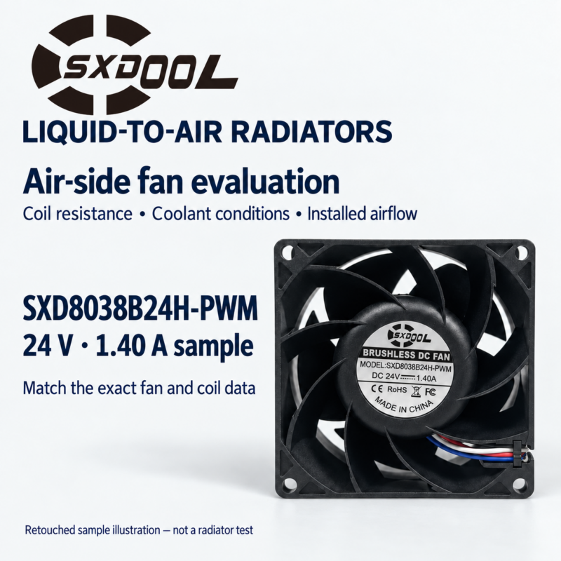 Liquid-to-air radiator fan selection poster with official SXDOOL logo and retouched rear-label view of the SXD8038B24H-PWM 24V 1.40A sample.