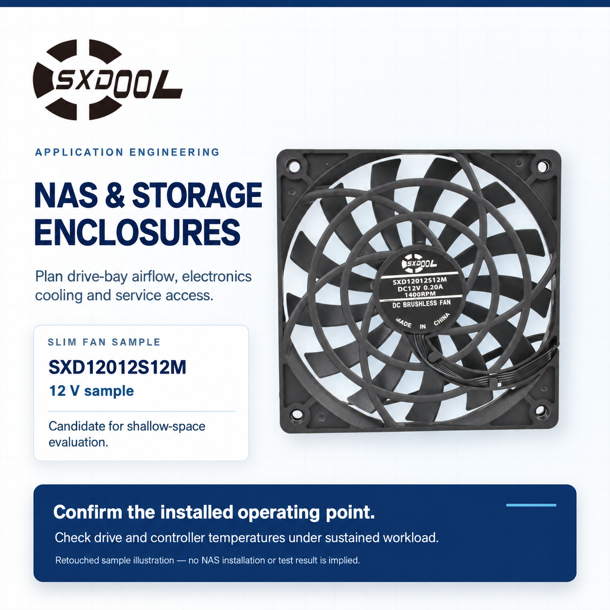 Retouched SXDOOL SXD12012S12M 12 V fan sample illustration for NAS and storage enclosure cooling evaluation