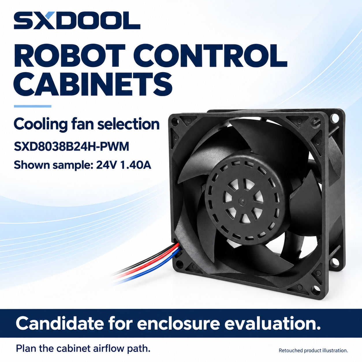 SXDOOL SXD8038B24H-PWM 24V 1.40A sample illustration for robot controller cabinet fan selection