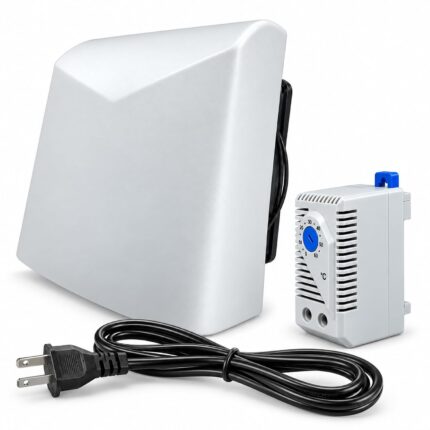 SXDOOL outdoor electrical enclosure fan kit with curved rain hood, SXD011 thermostat and 1.5 m US power cord with two flat plug blades