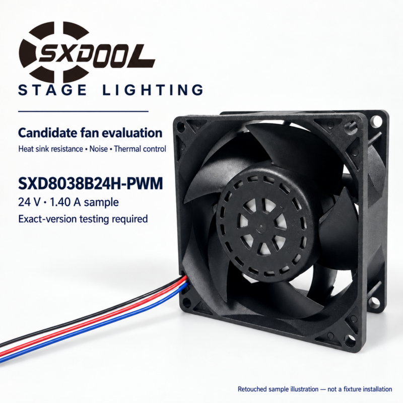 Stage lighting cooling fan selection poster with official SXDOOL logo and retouched front view of the SXD8038B24H-PWM 24V 1.40A sample.
