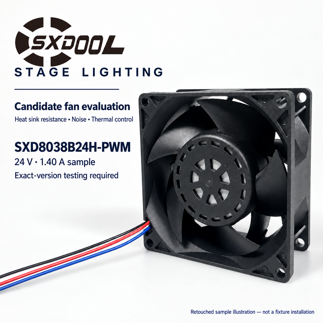 Stage-lighting selection poster with a retouched front view of the SXD8038B24H-PWM 24 V 1.40 A sample