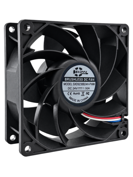 SXD9238B24H-PWM 92 x 92 x 38 mm 24V DC cooling fan with dual ball bearings, label side at an angle.